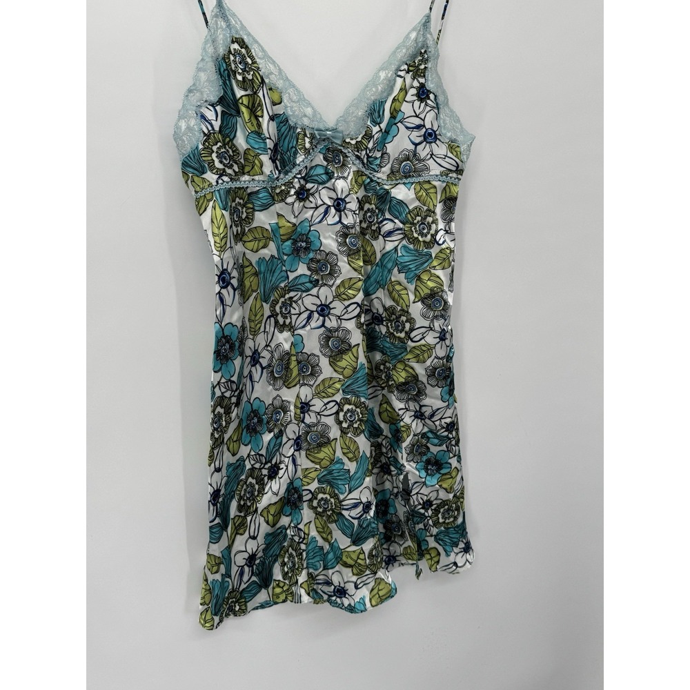 Floral Slip Dress Lace Satin Chemise Teal Blue Babydoll Y2K Coquette Romantic